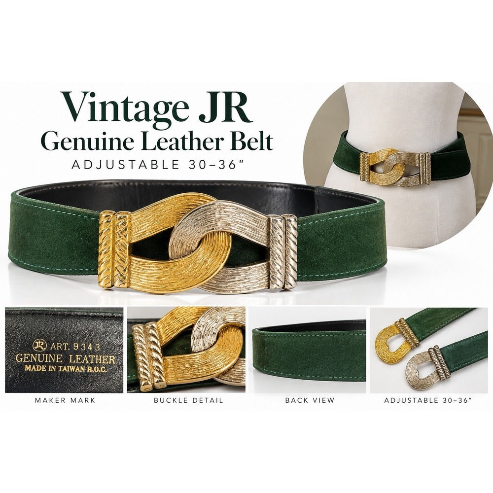 Vintage JR Green Suede Genuine Leather Belt Gold Silver Buckle 30-36" Taiwan